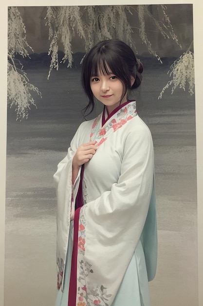 A girl in a white kimono with the word hanfu on it