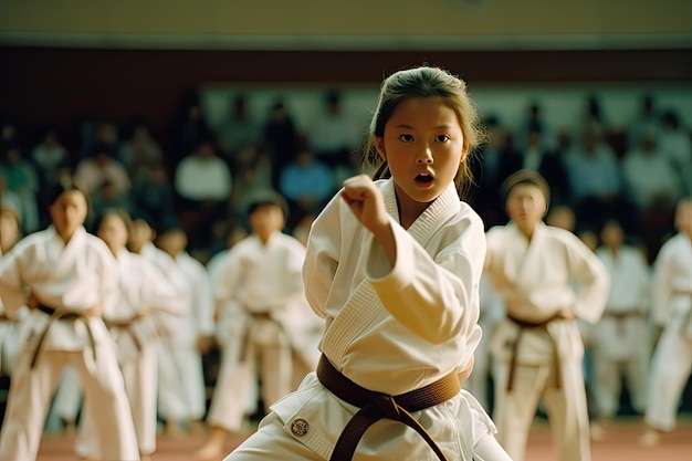 A girl in a white kimono with the word karate on the front.