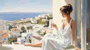 Photo girl in white robe on balcony seating