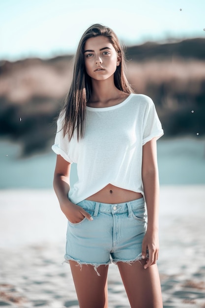 A girl in a white shirt and blue jeans stands on a beach.