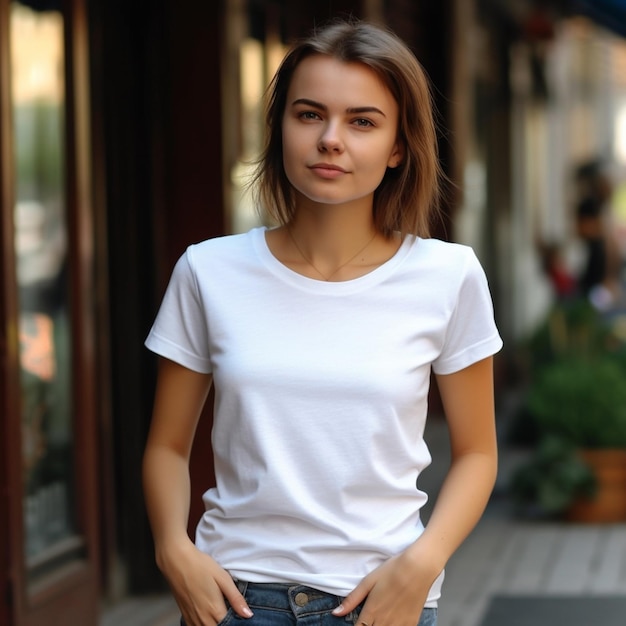 A girl in a white shirt and blue jeans stands on a street.