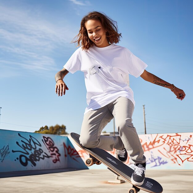 a girl in a white shirt is jumping on a skateboard