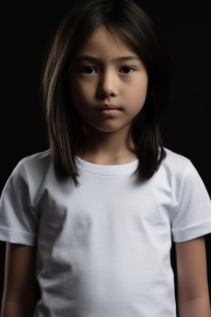 A girl in a white shirt is standing against a black background.