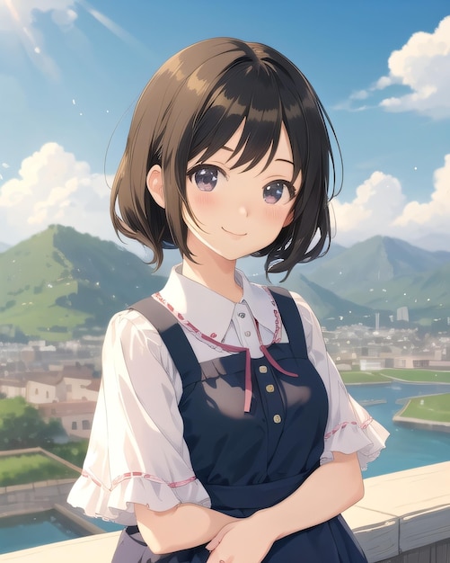 A girl in a white shirt with a blue sky and clouds