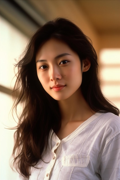 a girl in a white shirt with long hair