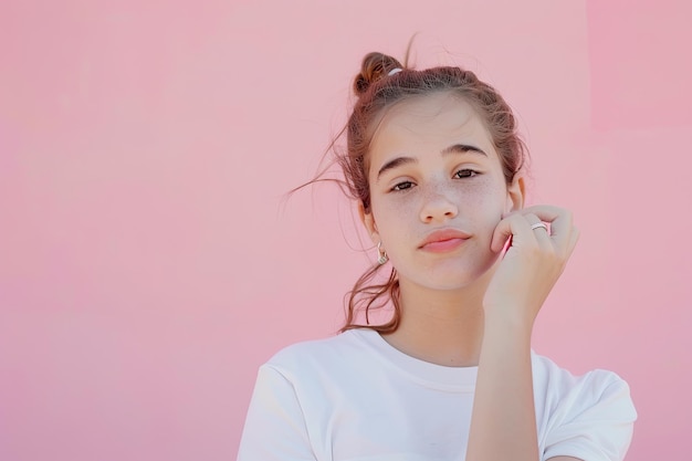 Girl in White Shirt With Pink Background