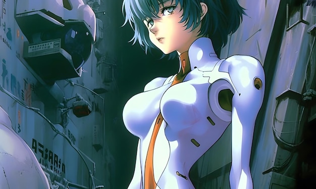 A girl in a white suit stands in front of a wall with a broken screen that says'ghost in the shell '