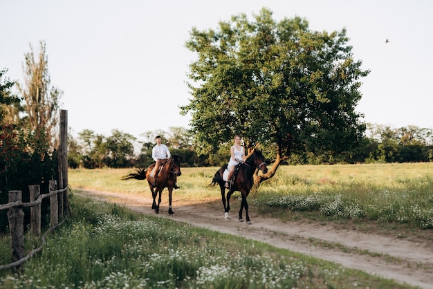 Girl in a white sundress and a guy in a white shirt on a walk with brown horses in the village