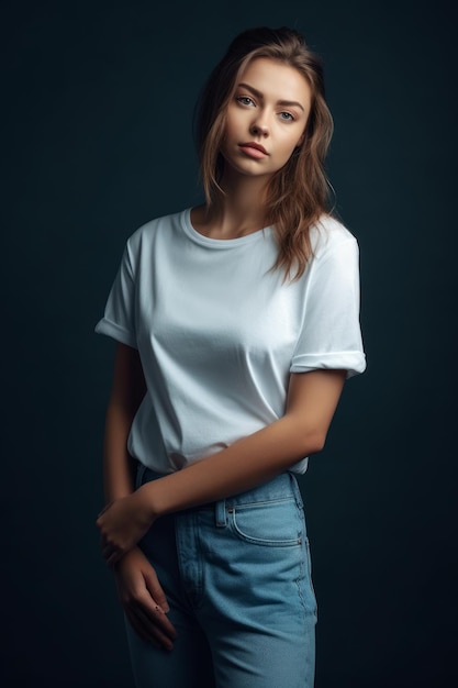 Photo a girl in a white t - shirt and blue jeans stands in a dark room.