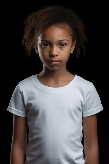 A girl in a white t - shirt stands against a black background.