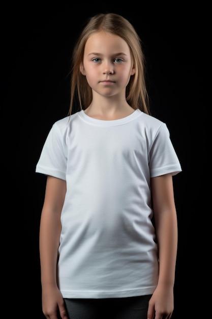 A girl in a white t - shirt stands in front of a black background.