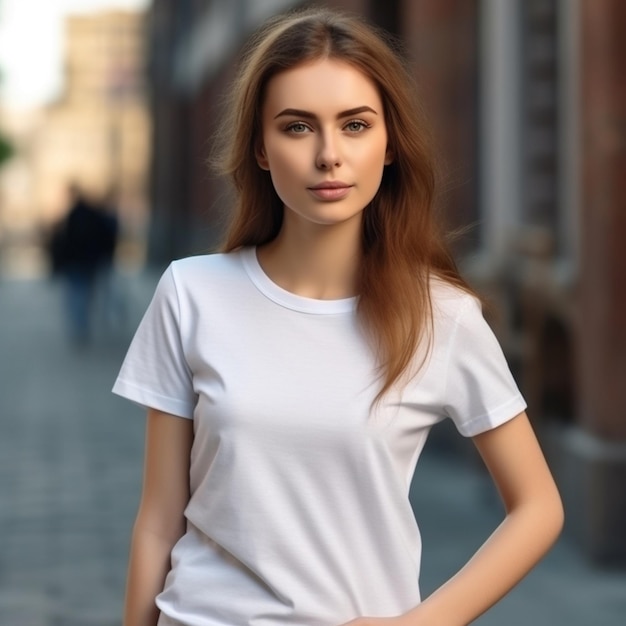 A girl in a white t - shirt stands on a street