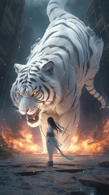 A girl and a white tiger