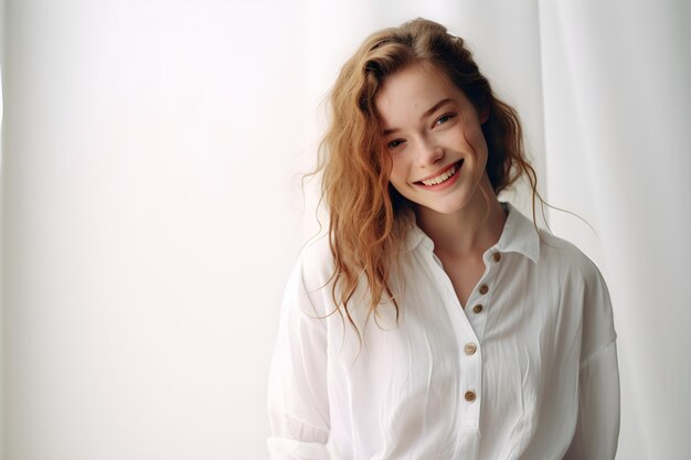 A girl in a white top smiles as she walks on a white background