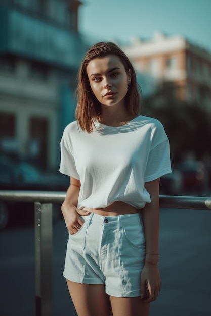 A girl in a white top stands on a street