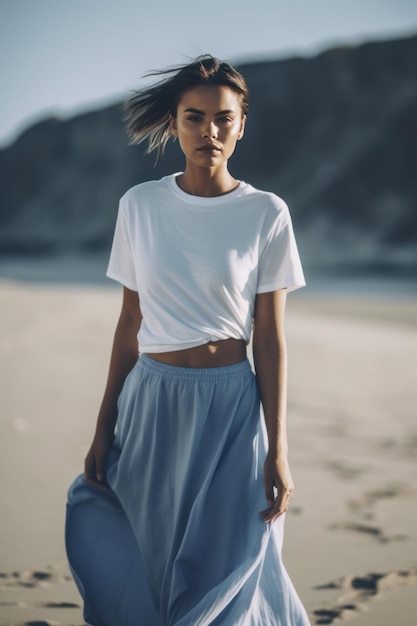 Girl in a white tshirt on the beach Mockup