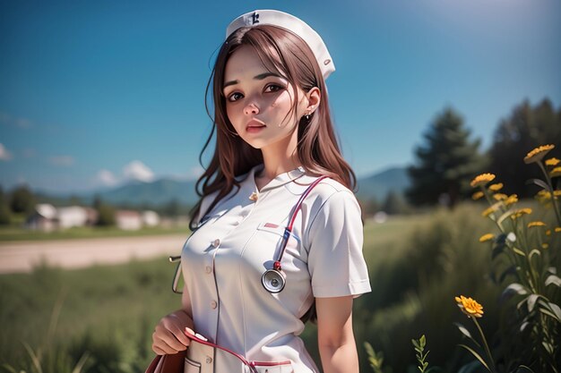 A girl in a white uniform with a blue ribbon and a white nurse's hat