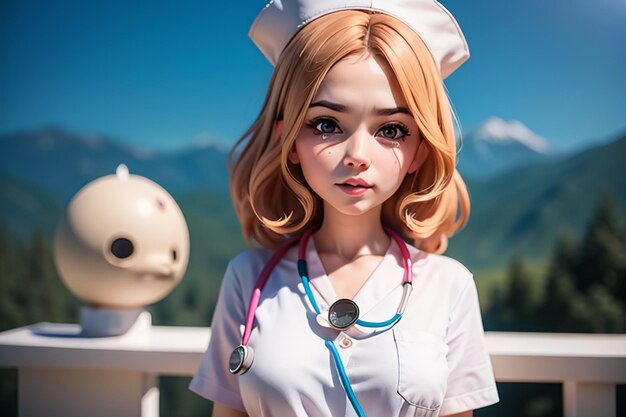 A girl in a white uniform with a stethoscope around her neck stands in front of a mountain