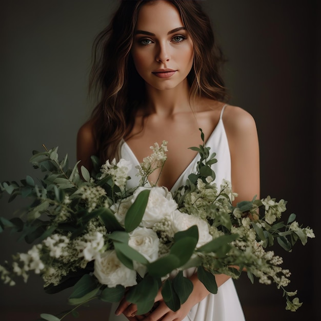 girl in a white wedding dress holds in her hands a bouquet of flowers Generative ai