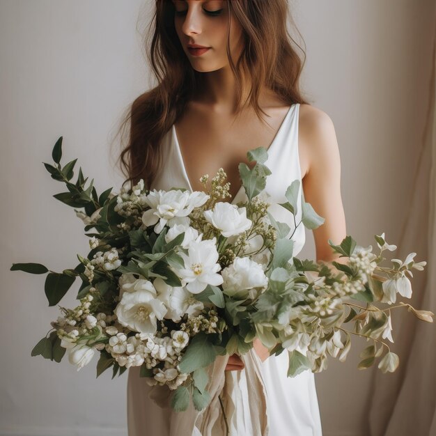 girl in a white wedding dress holds in her hands a bouquet of flowers Generative ai