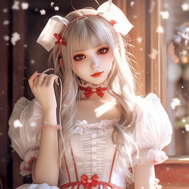 a girl in white with red eyes and a red bow on her hair