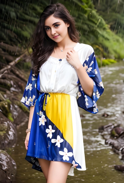 A girl in a white and yellow dress with a blue and yellow flower print