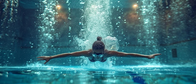 A girl who competes in swimming is plunging into a pool