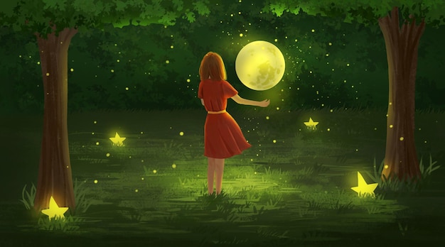 The Girl Who Embraces The Moon Illustration