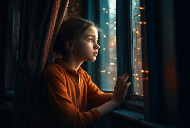 Girl window makes wish Little kid wish shine make sky Generate Ai