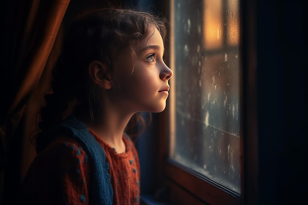 Girl window makes wish in rainy day Home shiny success visualize Generate Ai