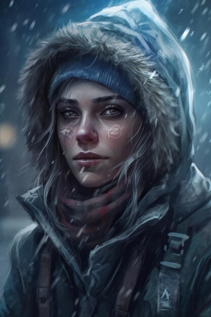 A girl in a winter coat with a hood that says'the last word'on it