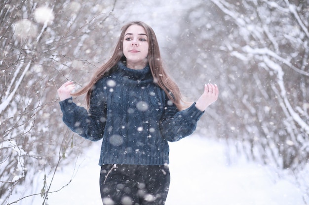 降雪の午後の冬の公園の女の子