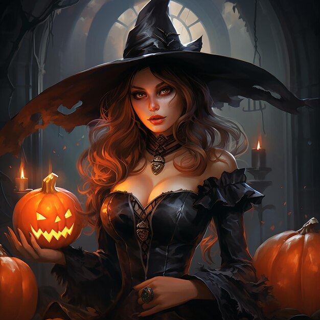 Photo a girl in a witch costume is holding pumpkins in the style of artgerm