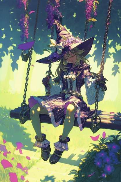 Girl in a witch costume sitting on a swing generative ai