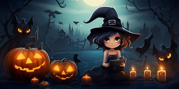 a girl in a witch hat sits next to a pumpkin with a witch on the top.