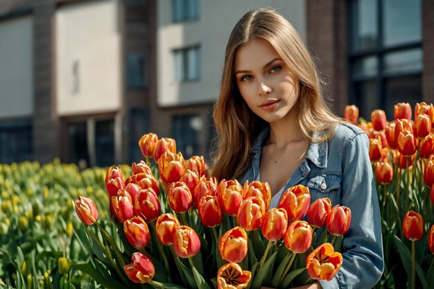 写真 晴れた日に街の通りで花束を持った女の子