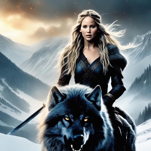 Фото Девушка с волком в снежных горах