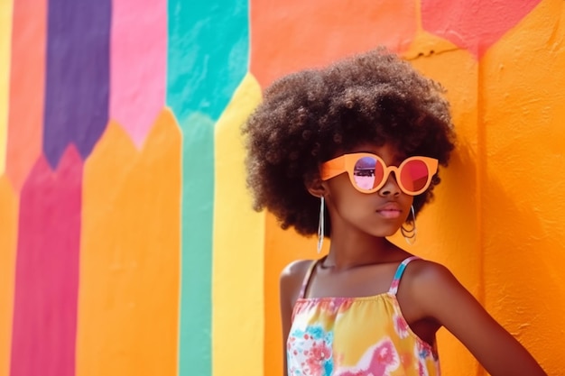 A girl with an afro and sunglasses stands in front of a colorful wall
