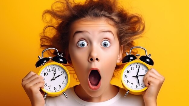 A girl with alarm clocks in her hands is afraid of being late