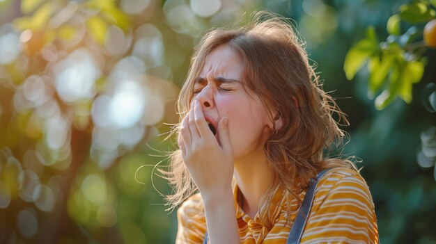 A girl with allergies sneezes on the street