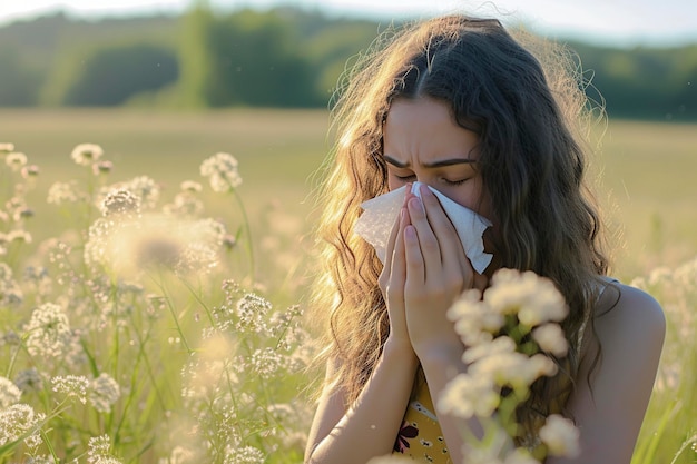 Photo girl with an allergy to vegetation in a meadow