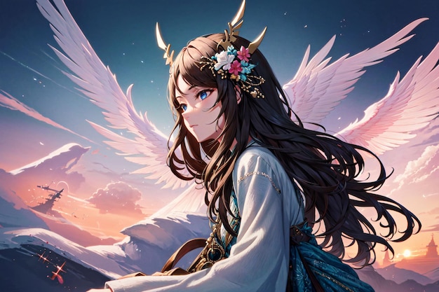 A girl with angel wings on her head