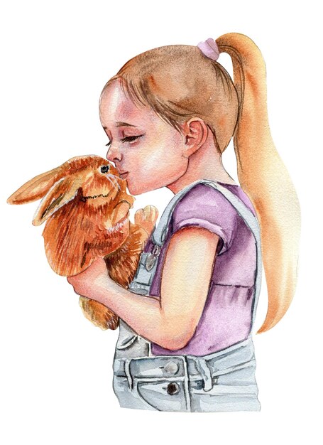 Photo girl with an animal watercolor illustration for cards