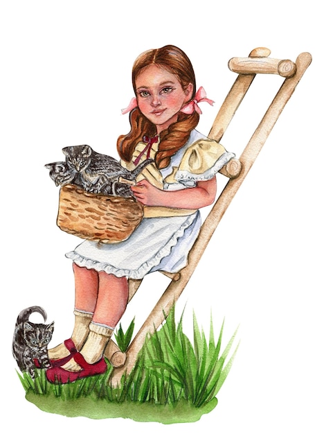 Photo girl with an animal watercolor illustration for cards