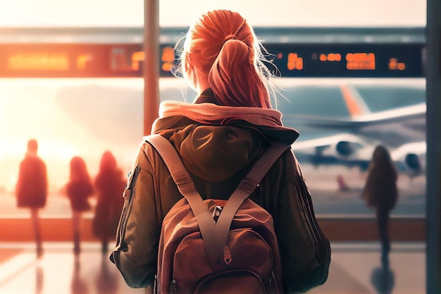 Девушка с рюкзаком в аэропорту вид сзади Генеративный ИИ Генеративный ИИ
