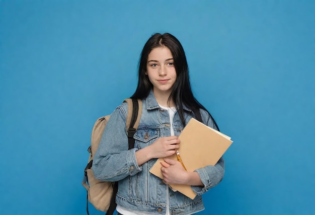 a girl with a backpack and a blue background