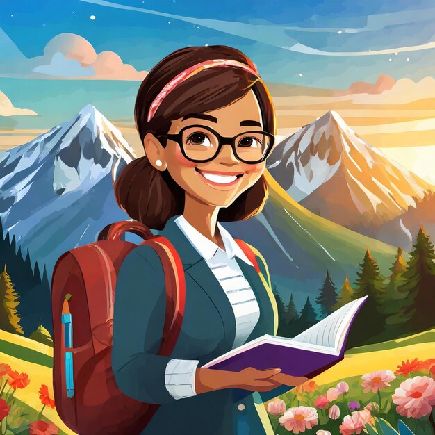 Photo a girl with a backpack and a book called a mountain