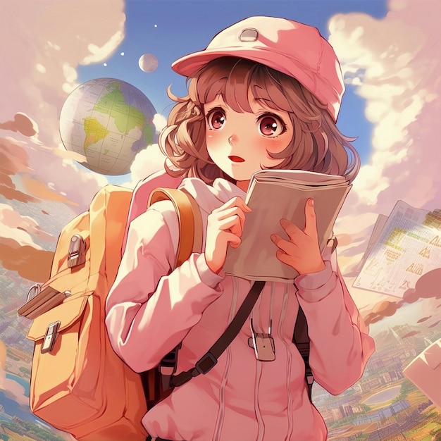 A girl with a backpack and a book on her head