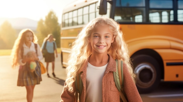 バックパックとカメラを見て本を持つ女の子の背景に黄色のスクールバス 学校に戻る