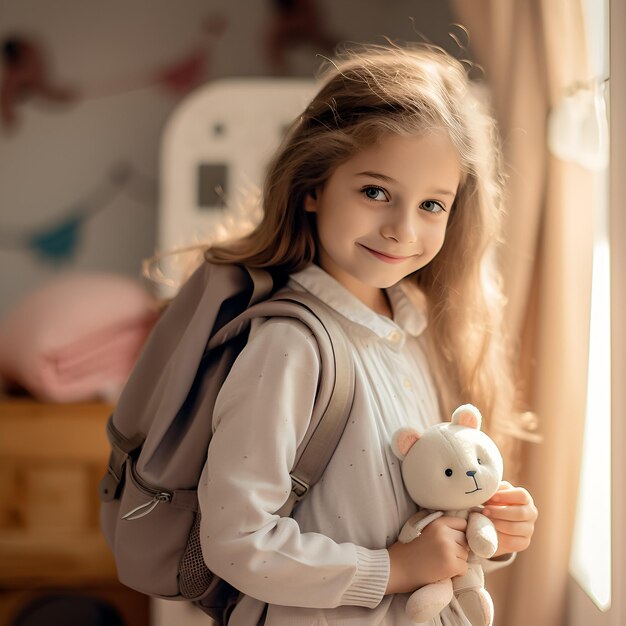 a girl with a backpack and a bunny on her back